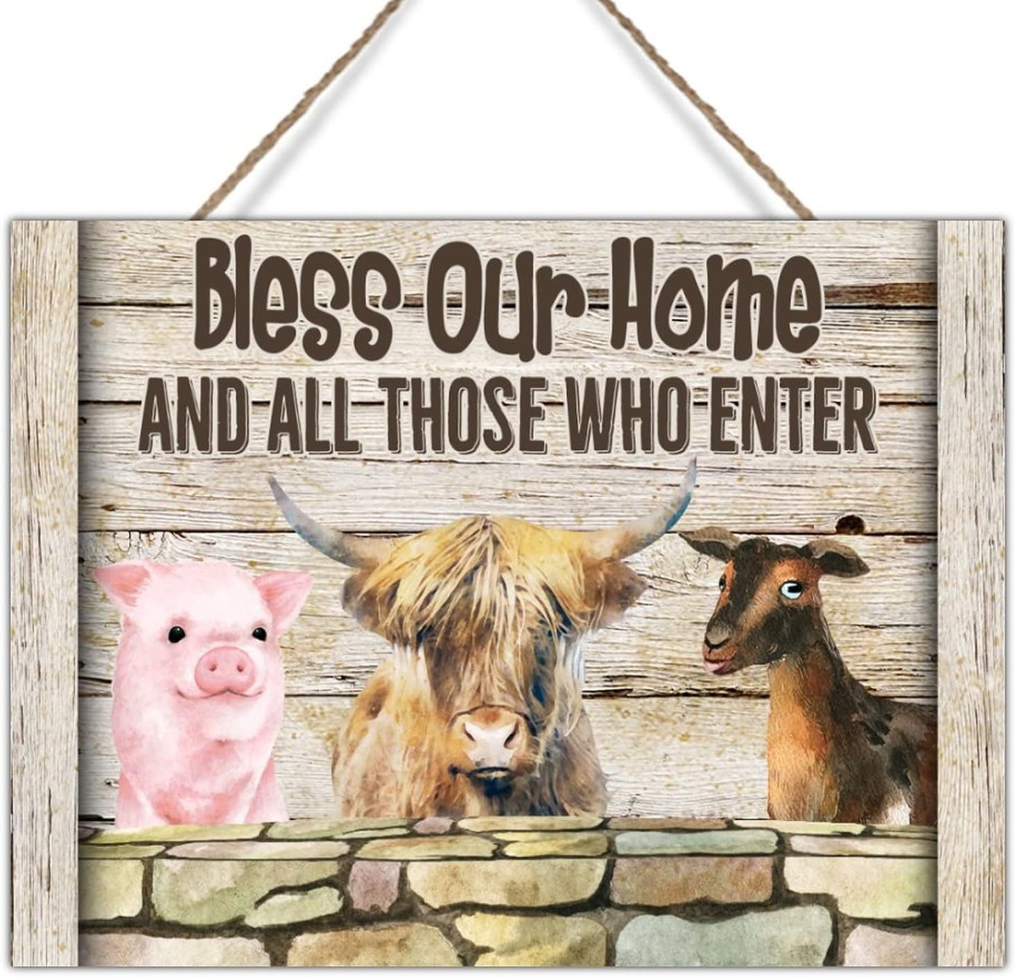 Farmhouse Animal Pig Cow Sheep Sign Wood Decor Farmhouse Rustic Wood Sign Plaques Bless Our Home and All Those Who Enter Wood Wall Art Sign for Living Room 24x18in
