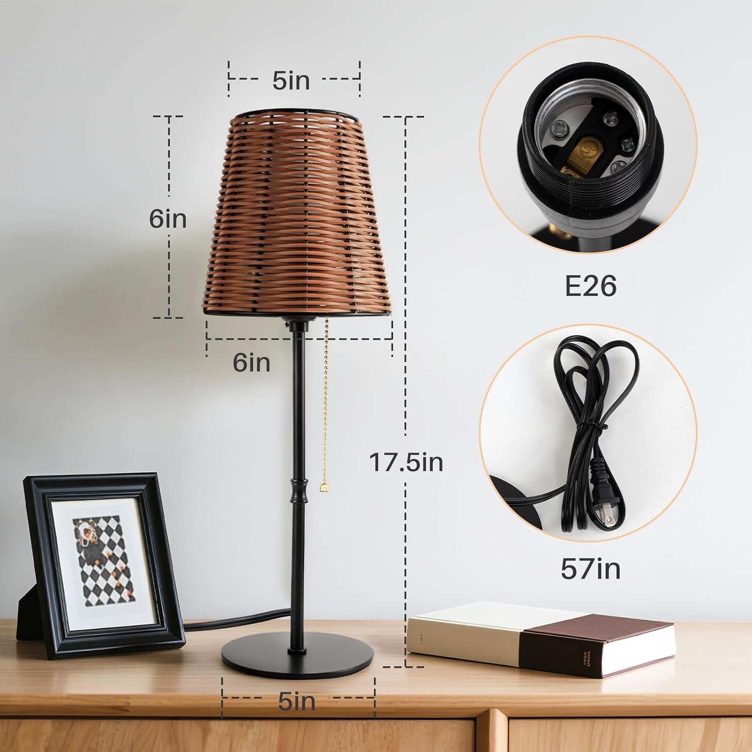 Vintage Rattan Table Lamp - 18" Wicker Shade Desk Lamp, Pull Chain Switch