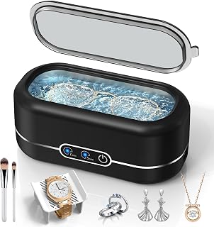 Miorcols 48KHz Ultrasonic Jewelry Cleaner - 12oz 304 Stainless Steel Pod for Rings, Glasses, Dentures, Watch Straps - Compact Black Machine