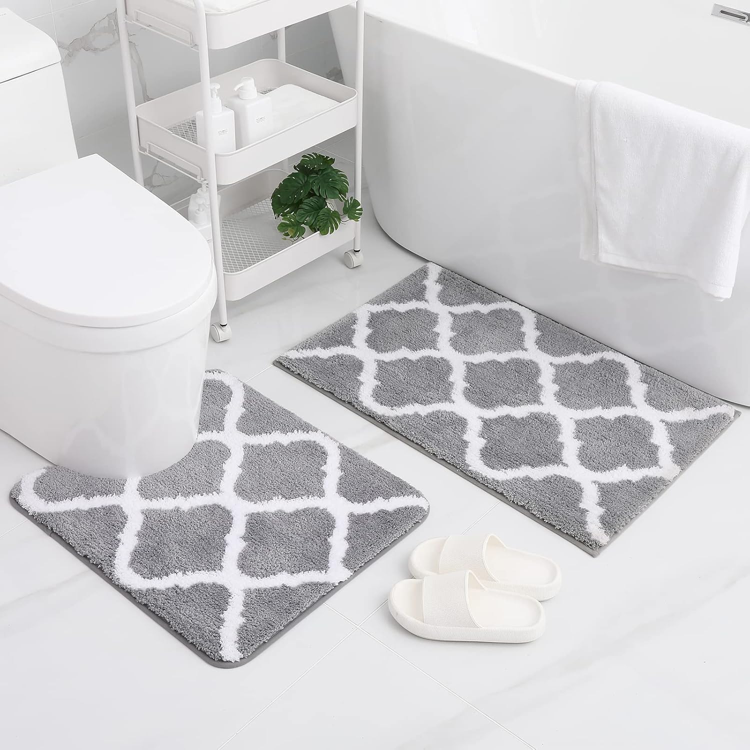 OLANLY Bathroom Rugs 2 Pieces, Microfiber Bath Rugs Size 36x24 and U-Shaped 24x20 in Grey 2 Item Bundle