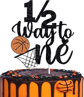 Basketball 1/2 Way to One Cake Topper,Sparkling Black Birthday Cake Decoration Suitable for Baby Boy/Baby Girl 6 Months Birthday Party Supplies