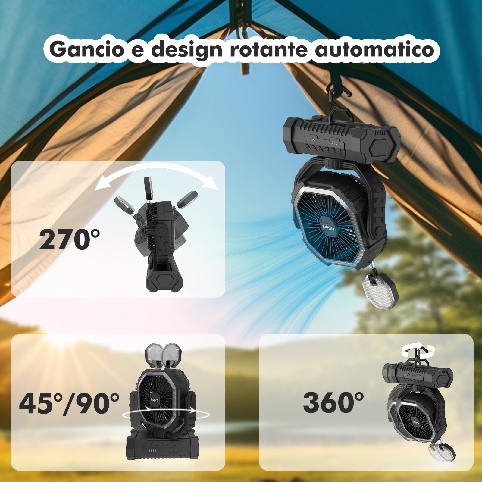Ventilatore da Campeggio con Luce, Alimentazione a Batteria 20000mAh, Ventilatore Portatile Ricaricabile con Telecomando e Gancio Rotante a 360°, 4 Velocità per Interni, Viaggi, Camper (Nero)