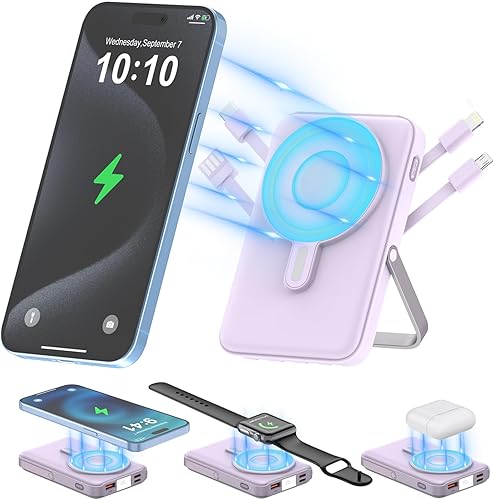 Miniatura 8 de Cargador inalámbrico portátil 10000mAh, banco de energía magnético 3 en 1 con pantalla LED y cables integrados, paquete de batería Mag-Safe de carga