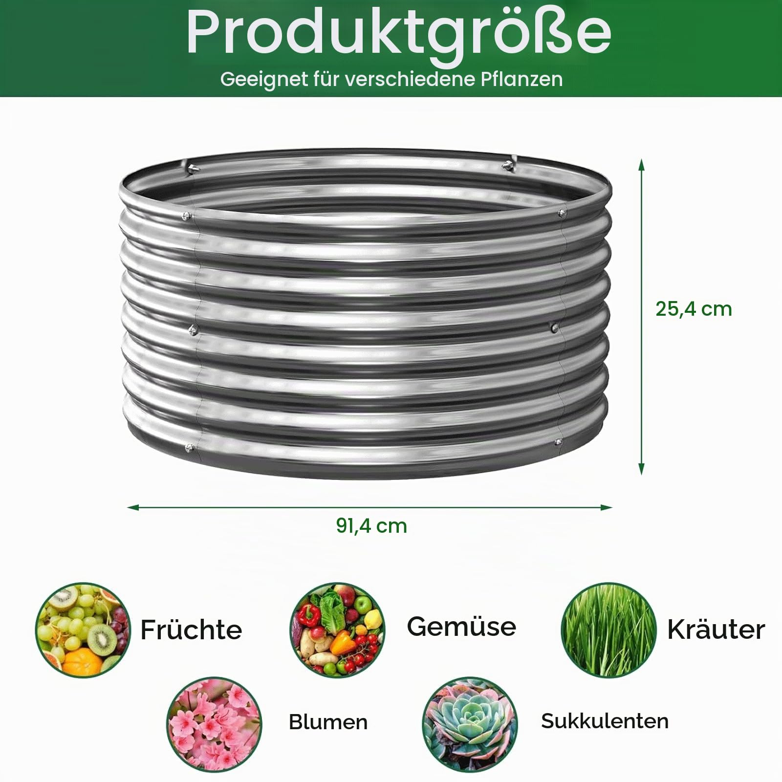 Pflanzkübel 4er-Set 90 x 90 cm rundes verzinktes Hochbeet für den Außenbereich, Metall-Hochbeet für Gemüse, Stahl-Hochbeete für den Garten, oberirdisches Gartenbeet für Blumen