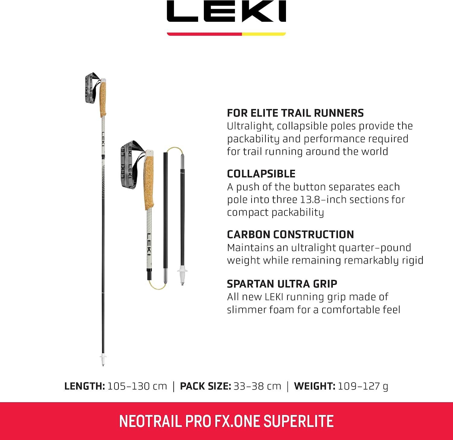 LEKI Neotrail Pro FX.One Superlite Trekking Poles - Carbon Foldable Lightweight Poles for Hiking & Trail Running