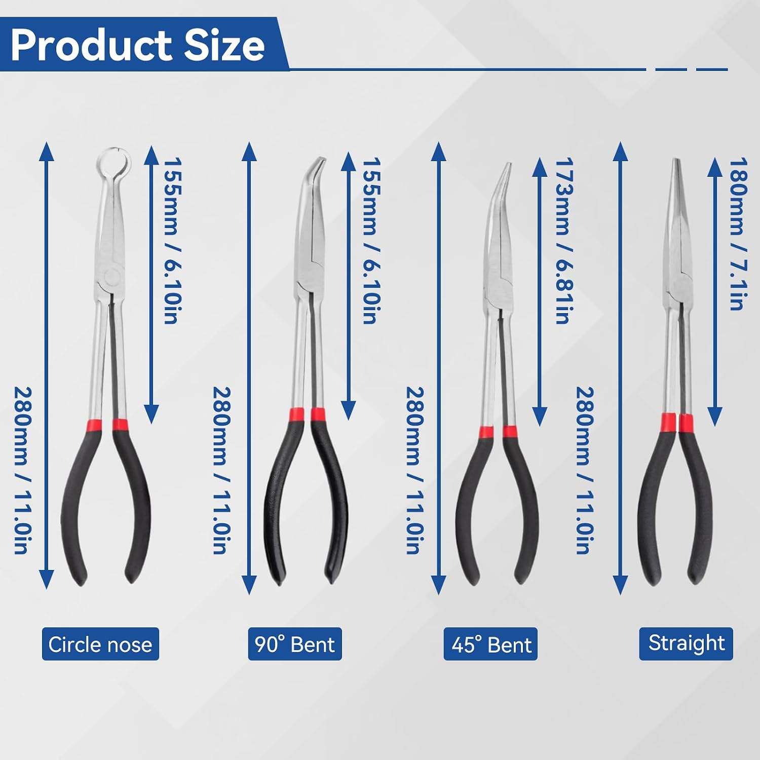 4 Pcs Long Needle Nose Pliers Set, 11" Extra Long Reach Pliers,Carbon Steel Straight, 45 Degree, 90 Degree Angle and Circle Pliers for Narrow Spaces, Hard to Reach Areas & Precision Work