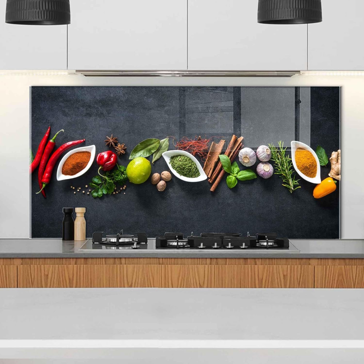 Bold Grup Tempered Glass Kitchen Backsplash, Stove Back Cover, Range Protector, Splash Guard for Sink, Botanical Culinary Wall Art Decor, Cutting Board