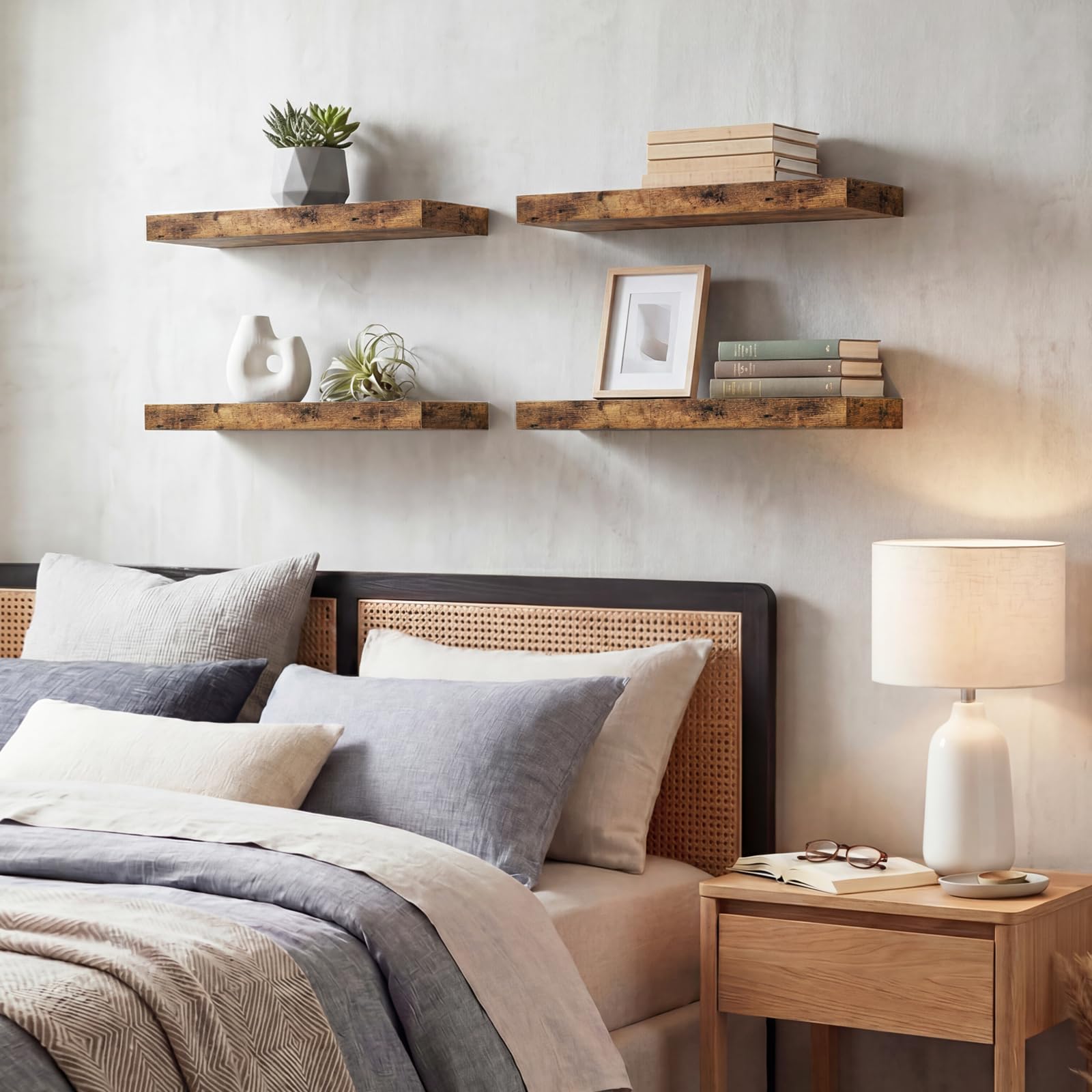 Fixwal Estantes flotantes de 15.8 pulgadas, juego de 4 estantes de pared con acabado de madera rústica para decoración de pared, con soportes invisibles para baño, sala de estar, dormitorio y cocina