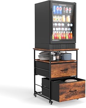 Mini Fridge Stand with Storage, Mobile Storage Refrigerator Cart | Compact Beverage Fridge Cabinet Table with Wheels for Kitchen Bedroom Office Dorm, Vintage Brown
