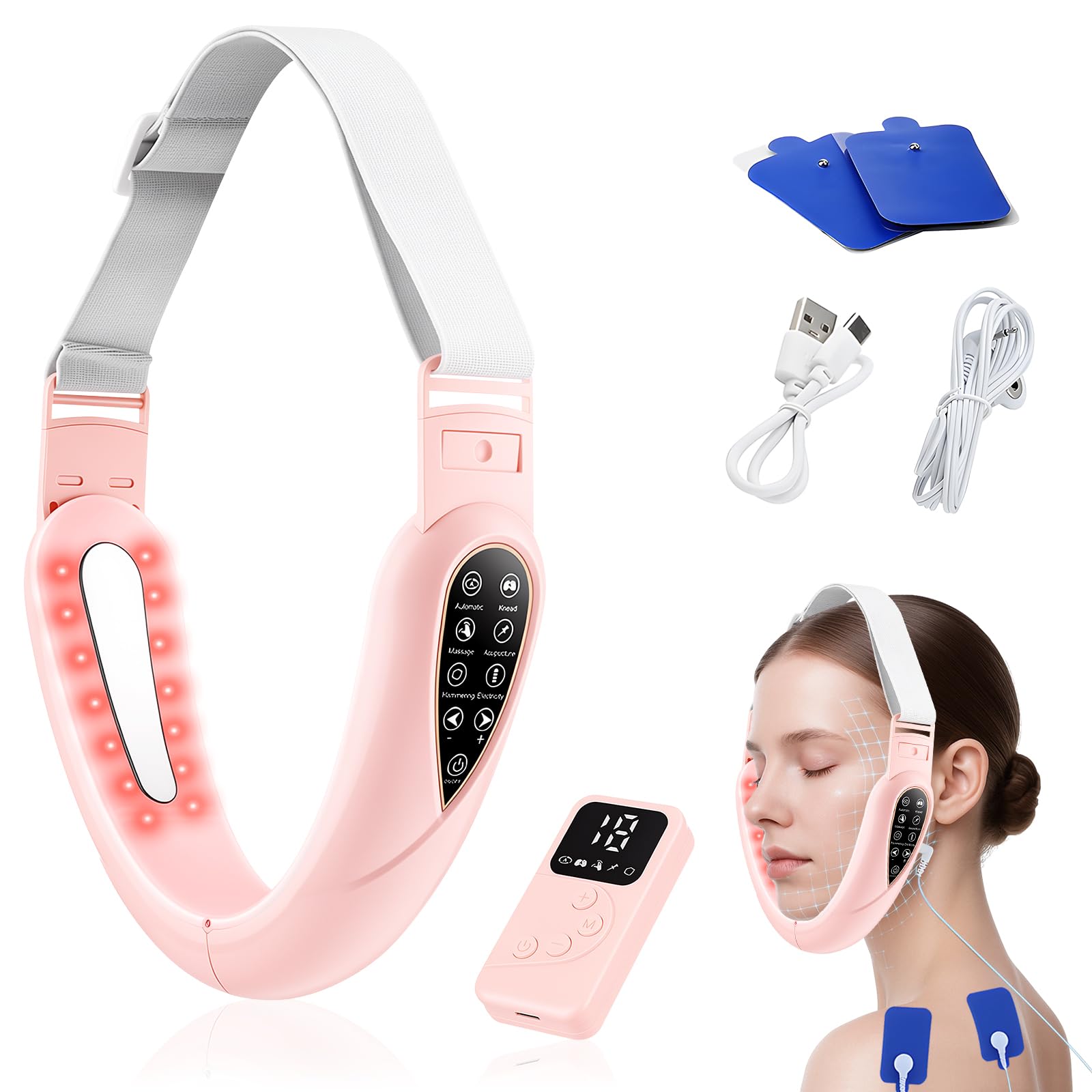 Elektrisches V-Face Shaping Massager,doppelkinn entferner 15 Intensitätsstufen 5 EMS Modi 5 Farben Phototherapie Gesichtsmassagegerät Gegen Falten Face Massager mit Fernbedienung, Typ-C