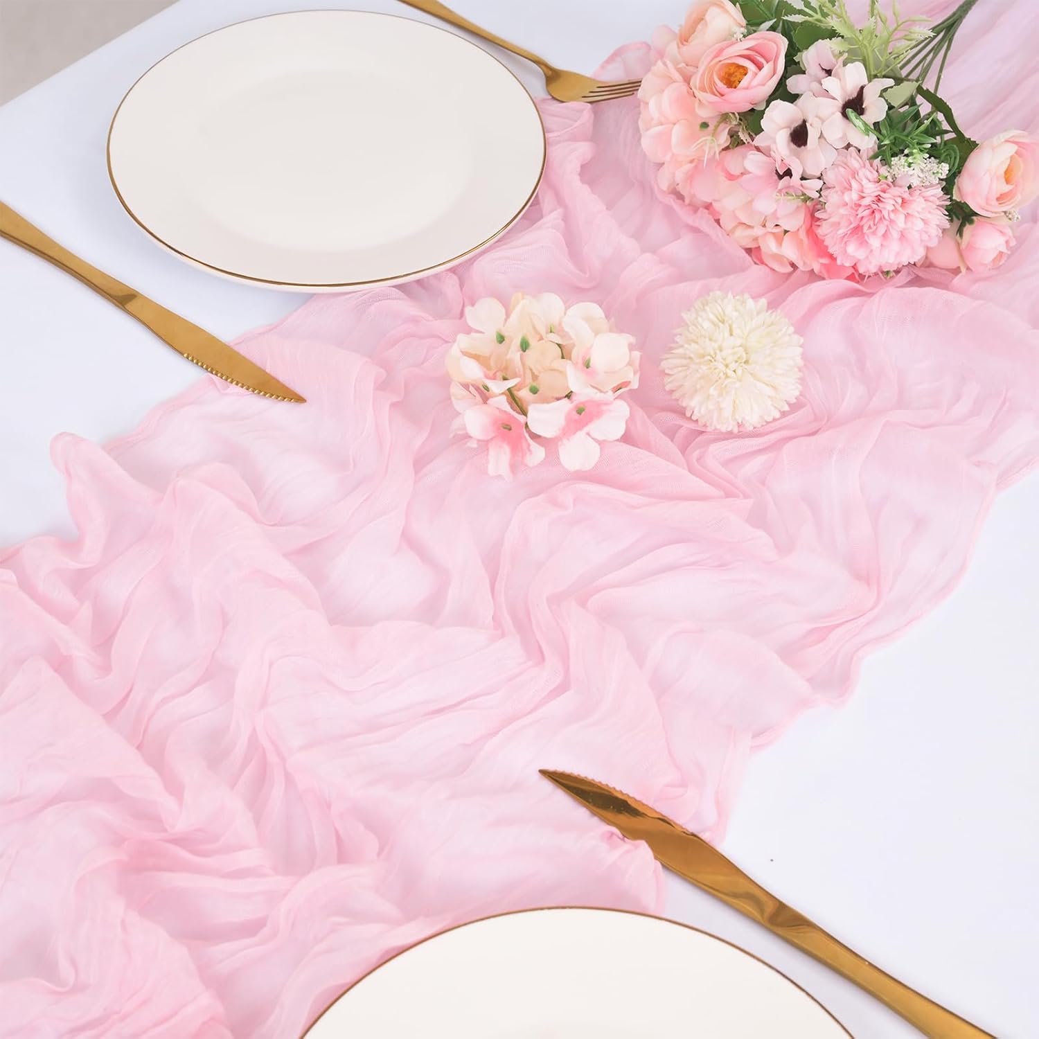 8 Pack Light Pink Cheesecloth Table Runners 21x120 Inch Boho Gauze Table Runner 10FT Long Rustic Sheer Pink Table Runner for Baby Shower,Wedding,Party,Birthday,Home Table Decor