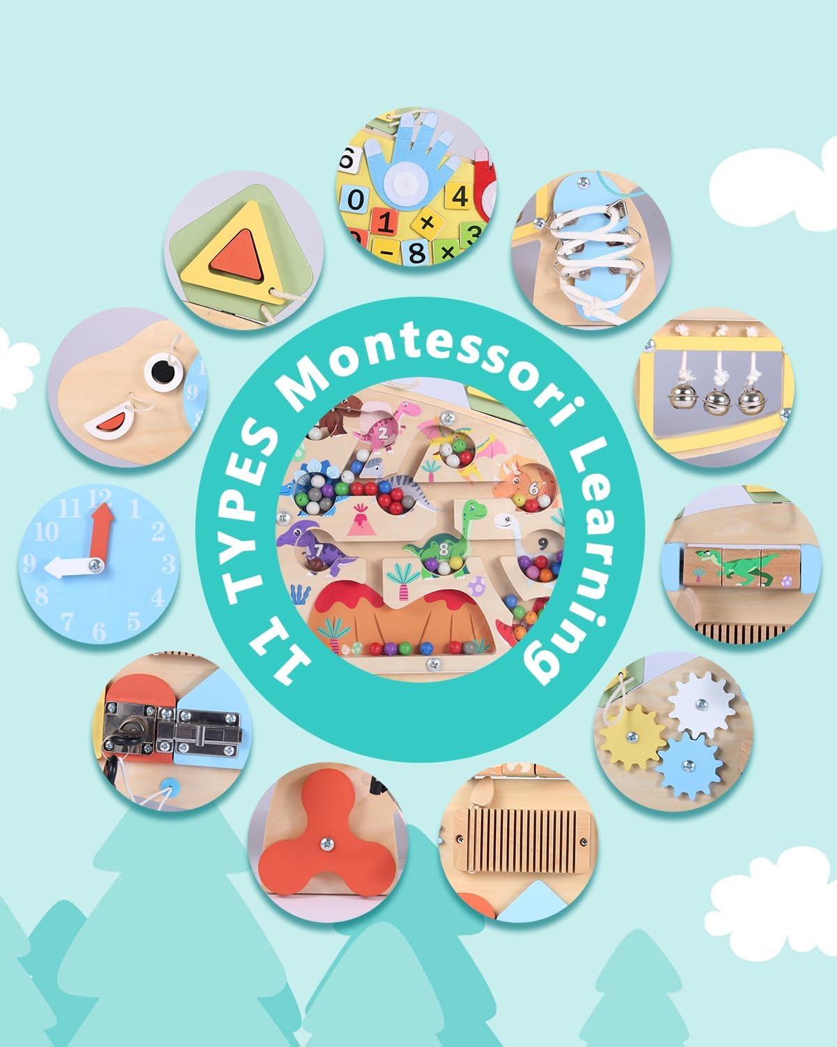 Activity Wall Busy Board-Dinosaur Wall Mounted Foldable Kids 3–7 Toy-Sturdy BPA-Free Wood-Interactive Montessori Educational Toys Autism Sensory Panel for Playrooms/Preschool,31.5 * 14.2 in