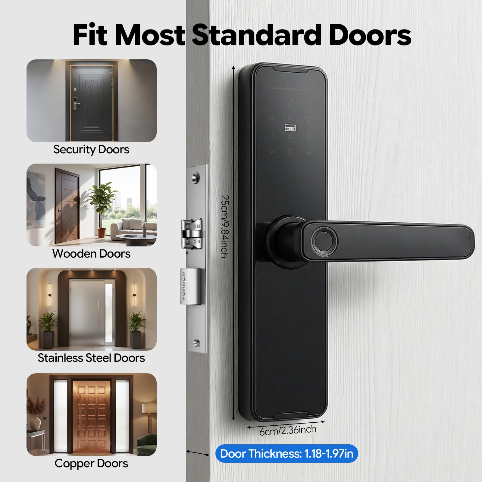 Cerradura de puerta Smart Tuya huella dactilar Bluetooth App Control remoto Aleación de aluminio Llave Tarjeta Contraseña Grosor de la puerta 30-50 mm