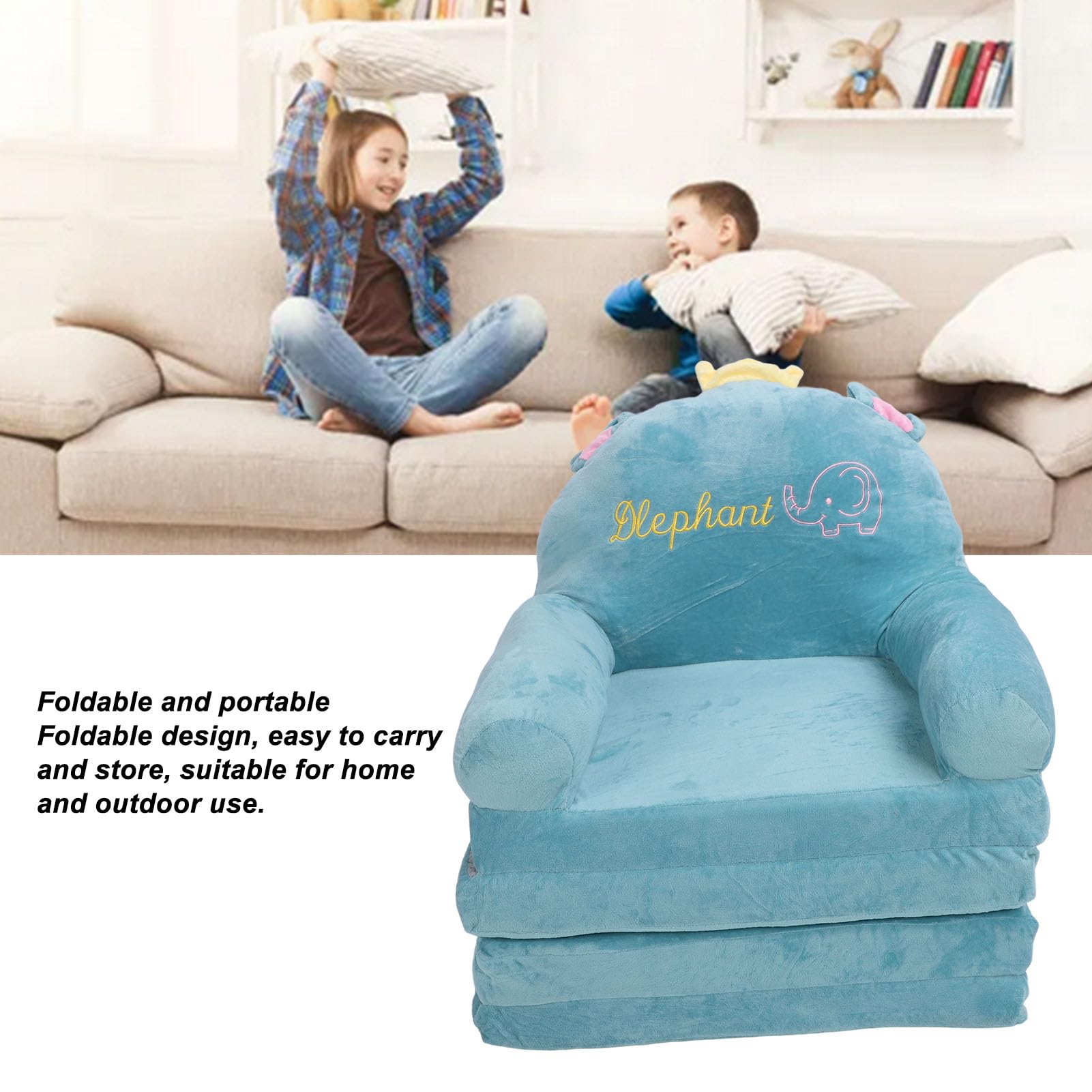 Zusammenklappbares Kindersofa, Bequeme aufklappbare Couch für Kinder, leichtes Elefanten-Stickmuster (In Viertel Falten)