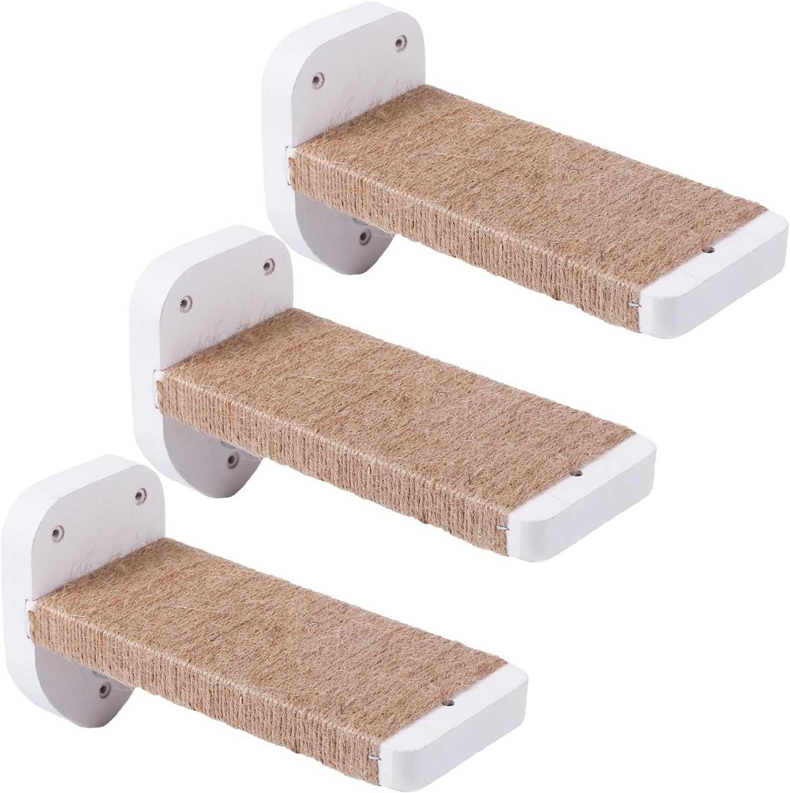COOLEX 3pcs Cat Wall Steps, Cat Climbing Wall Mounted Cat Furniture, Cat Wall Shelves Cat Steps for Wall with Hemp Rope Covered, Solid Wood Cat Ladder for Cats Playing and Climbing (Large-White)