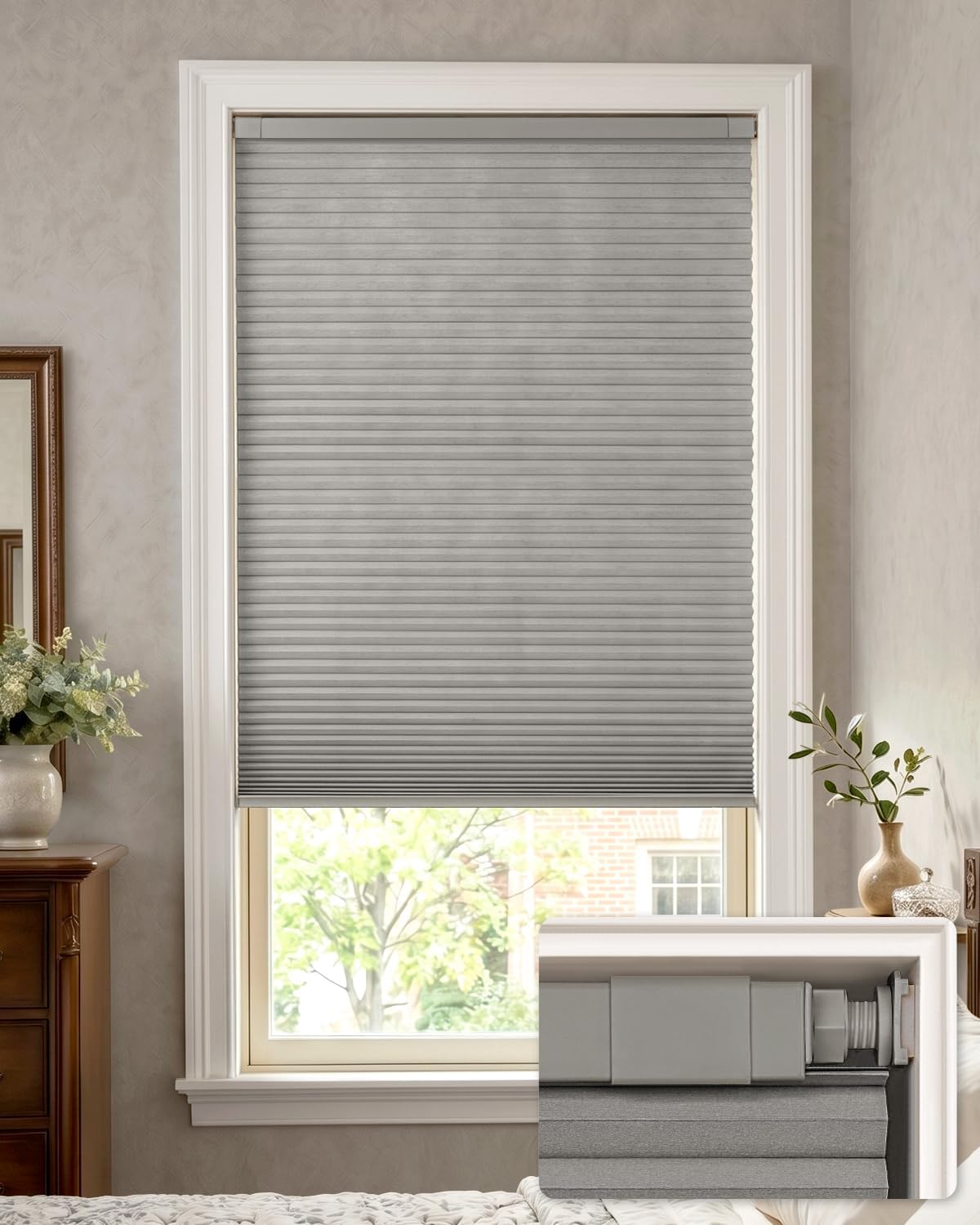 LazBlinds No Drill Blackout Cellular Shades, 25" W x 64" H, Dove Grey