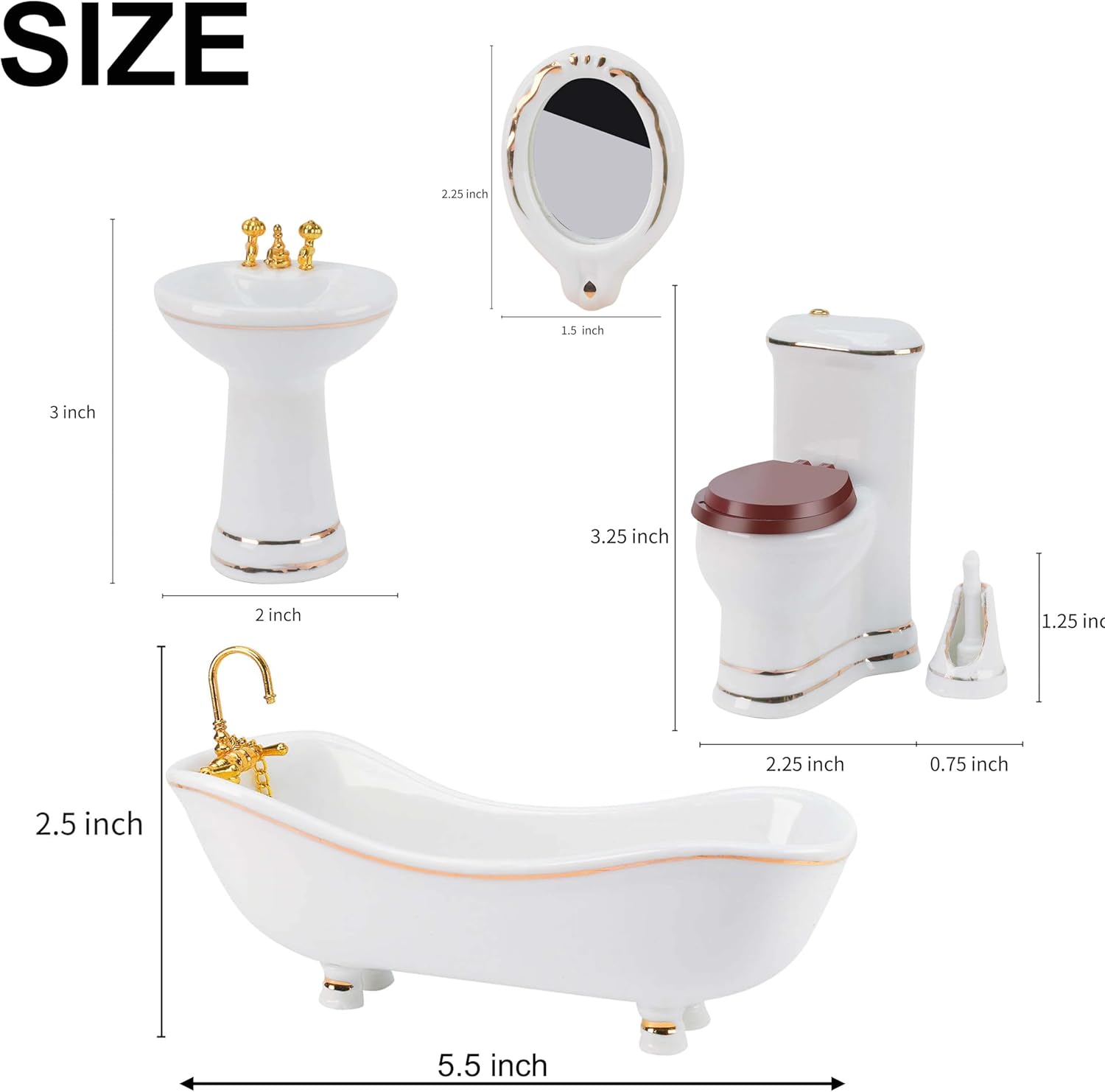 Waldosia 1:12 Scale Dollhouse Bathroom Fixtures and Accessories - Bathtub, Pedestal Sink, Working Toilet Tank, Mirror, Brush Holder (5 PCS A Set)