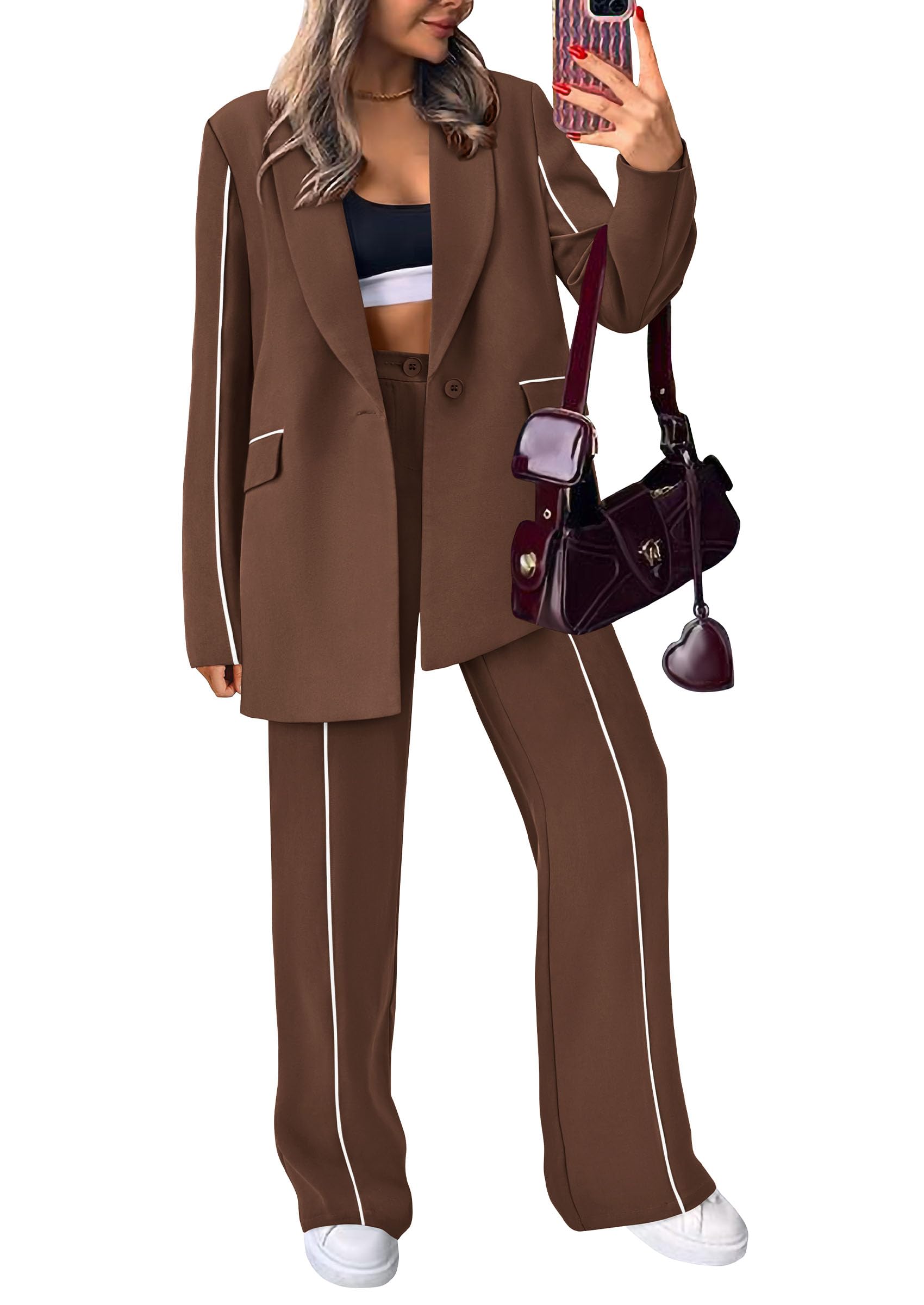 PRETTYGARDEN Women's Fall Spring 2 Piece Blazer Outfits Business Casual Oversized Jacket Wide Leg Work Pants Dressy Suit Set