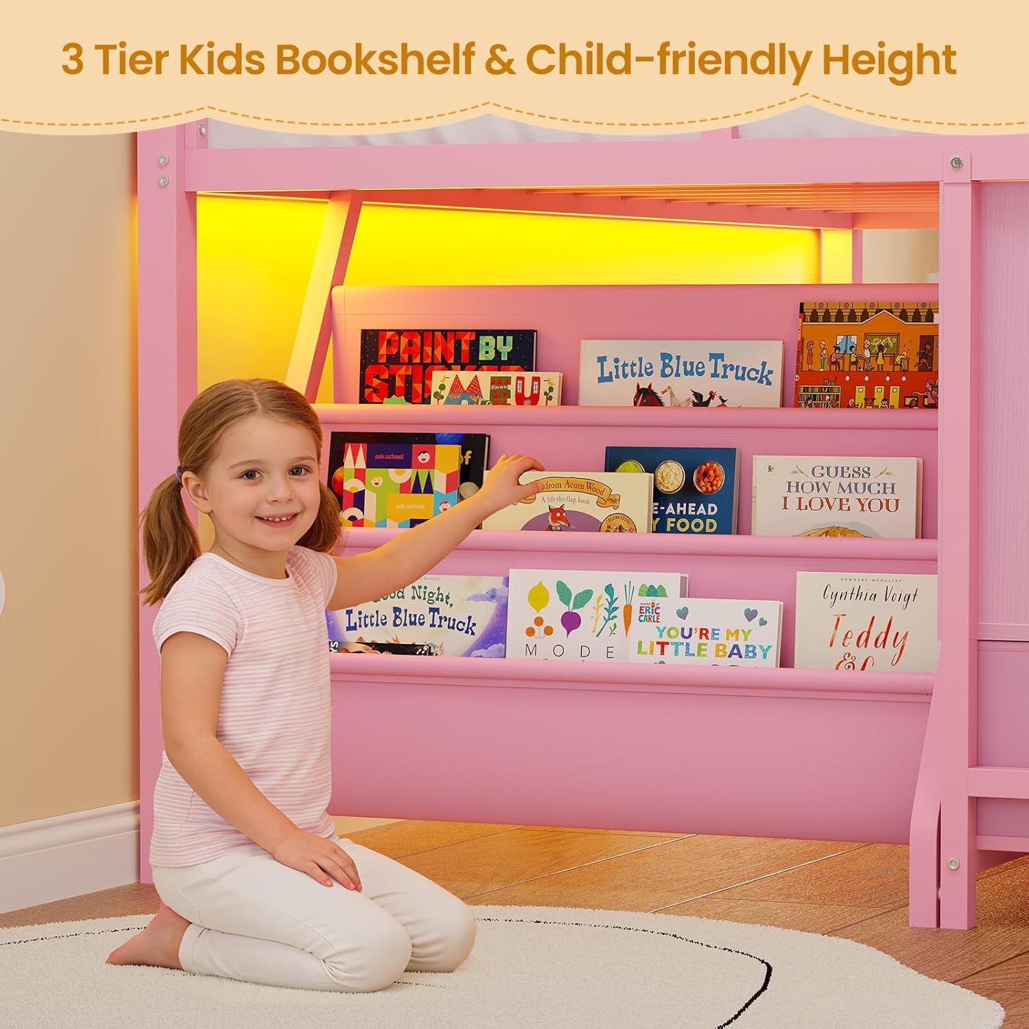 BTHFST Low Loft Bed Twin Size with 3 Storage Drawers, 3-Tier Kids Bookshelf, 5 Open Cubbies and 2 LED Lights Strips, Metal Kids Loft Bed with High Safety Guardrail, Inclined Ladder and Play Area