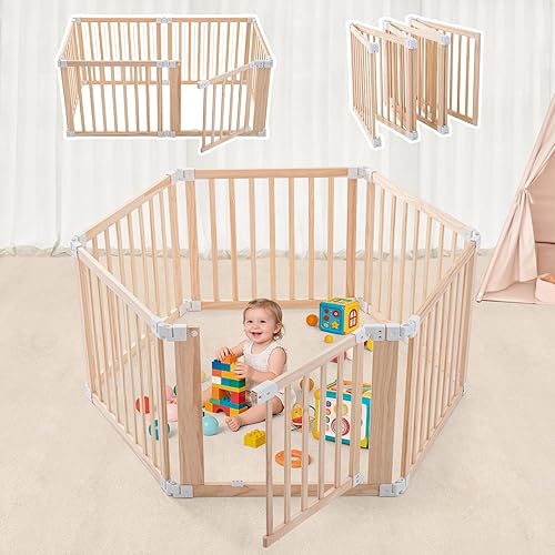 Miniatura 13 de Corralito plegable de madera de 61 x 61 x 25 pulgadas, corralito grande con cerradura a prueba de niños, fácil montaje, diseño portátil para bebés