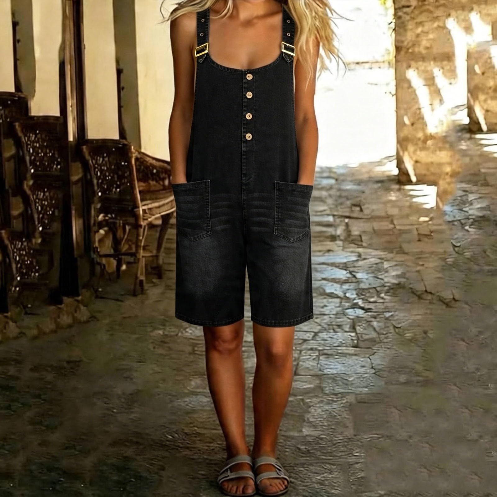 Generico Salopette Casual Stretch Denim Donna Jeans Tuta con Tasche Ragazza Sciolto Overall Corto Dungarees Casual Pantaloni Bavaglino Jumpsuit Moda Hippie Cinturino Bellissimo