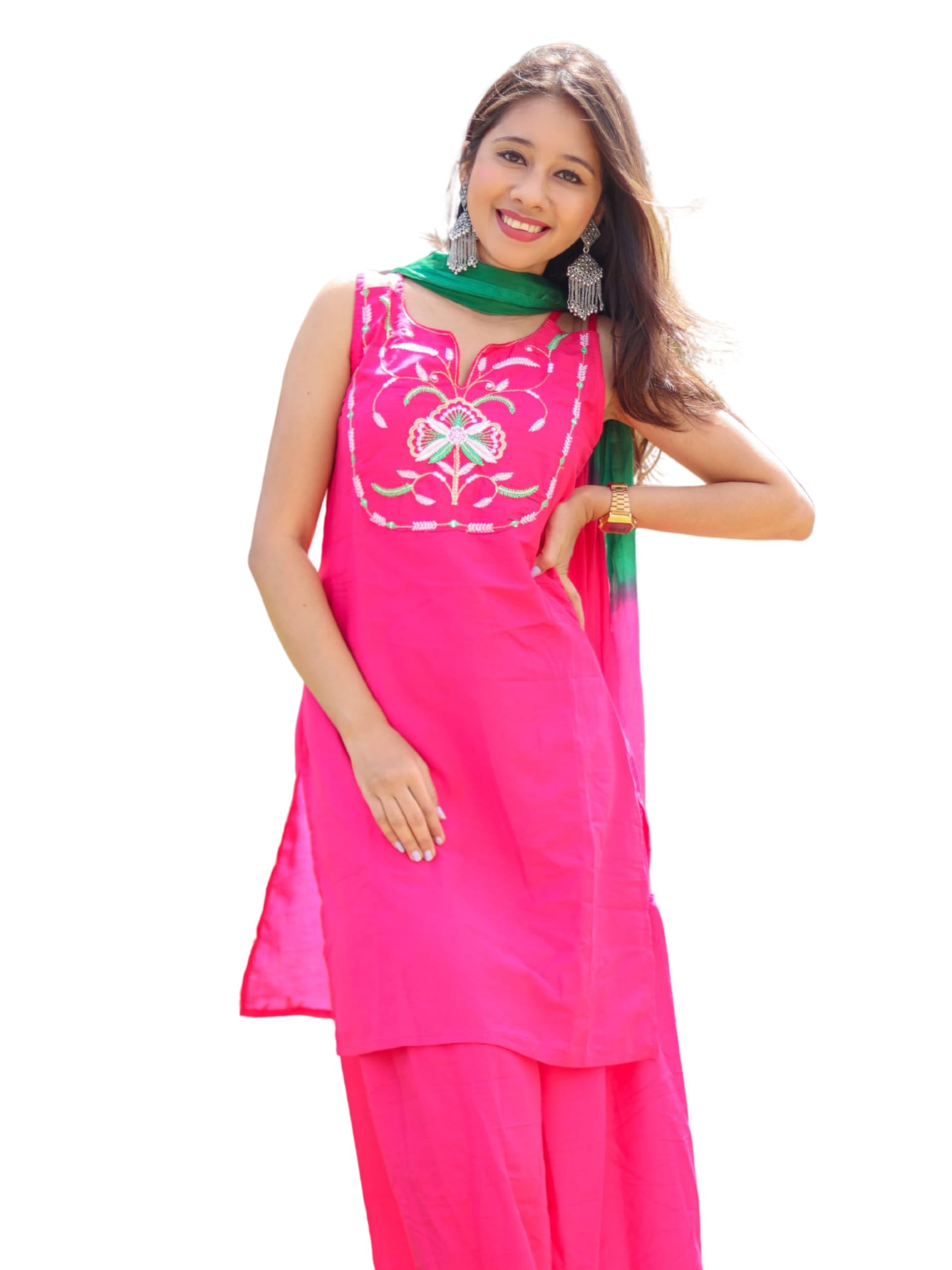 ethnicjunction Women's Cotton Silk Yoke Embroidery Straight Sleeveless Kurta Sharara with Dupatta Set | Karva Chauth Special Kurta Set-picture-19