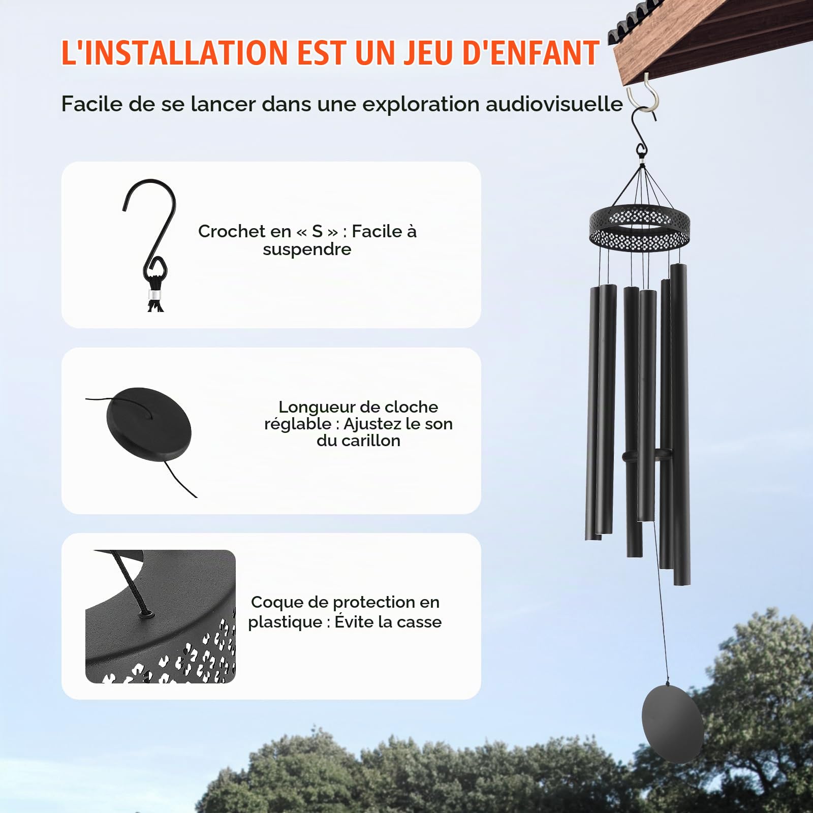 VEVOR Carillon à Vent extérieur, 1473 mm, Carillon éolien au Ton Profond avec 6 Tubes, Grande Cloche à Vent commémoratif Unique pour Anniversaire, pour terrasse, Porche, Jardin et arrière-Cour, Noir