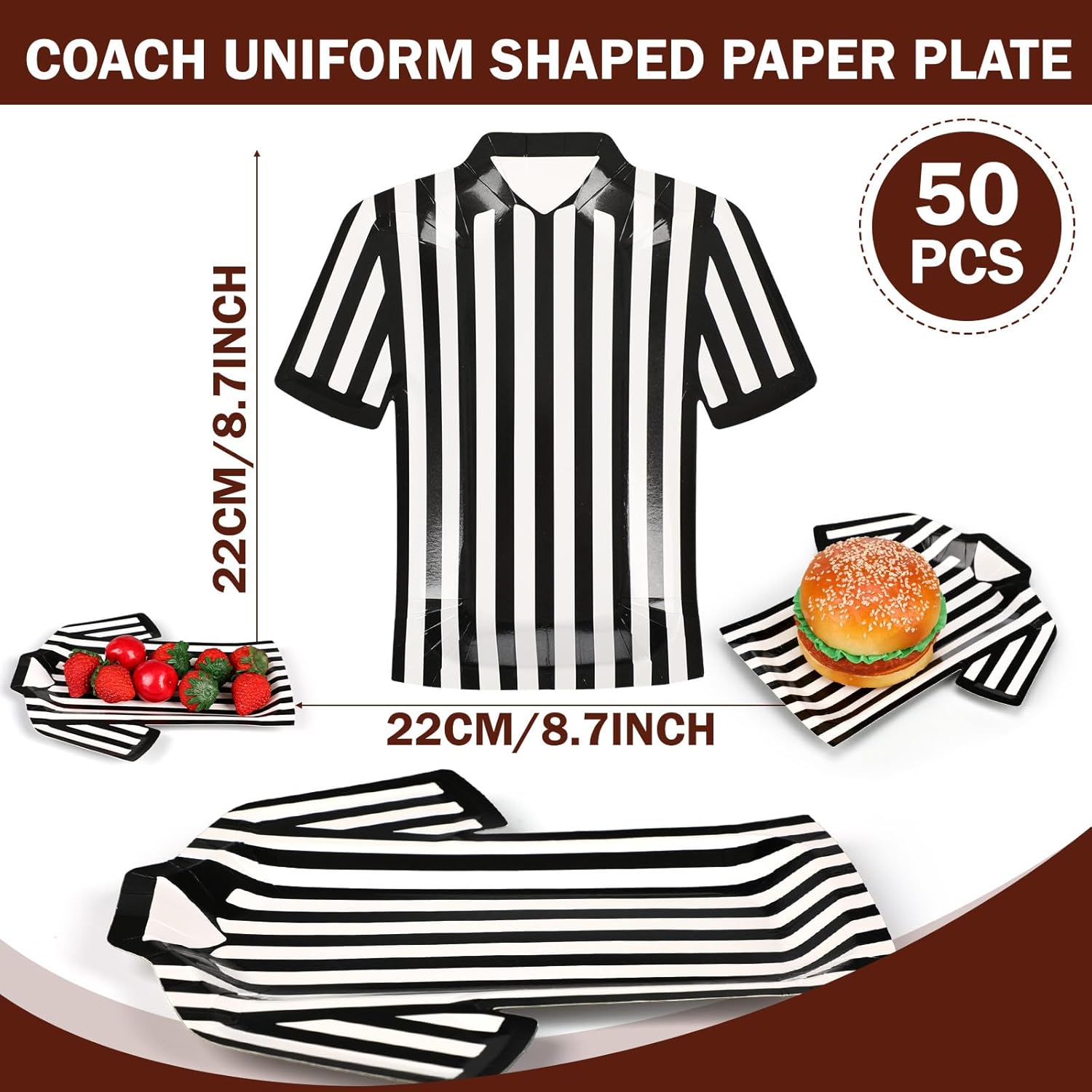 50 Pcs Football Paper Plates 8.7" Referee Shirt Shape Basketball Plates Black White Stripes Football Basketball Party Supplies Referee Coach Shirt Dessert Tableware for Tailgate Birthday - Image 2