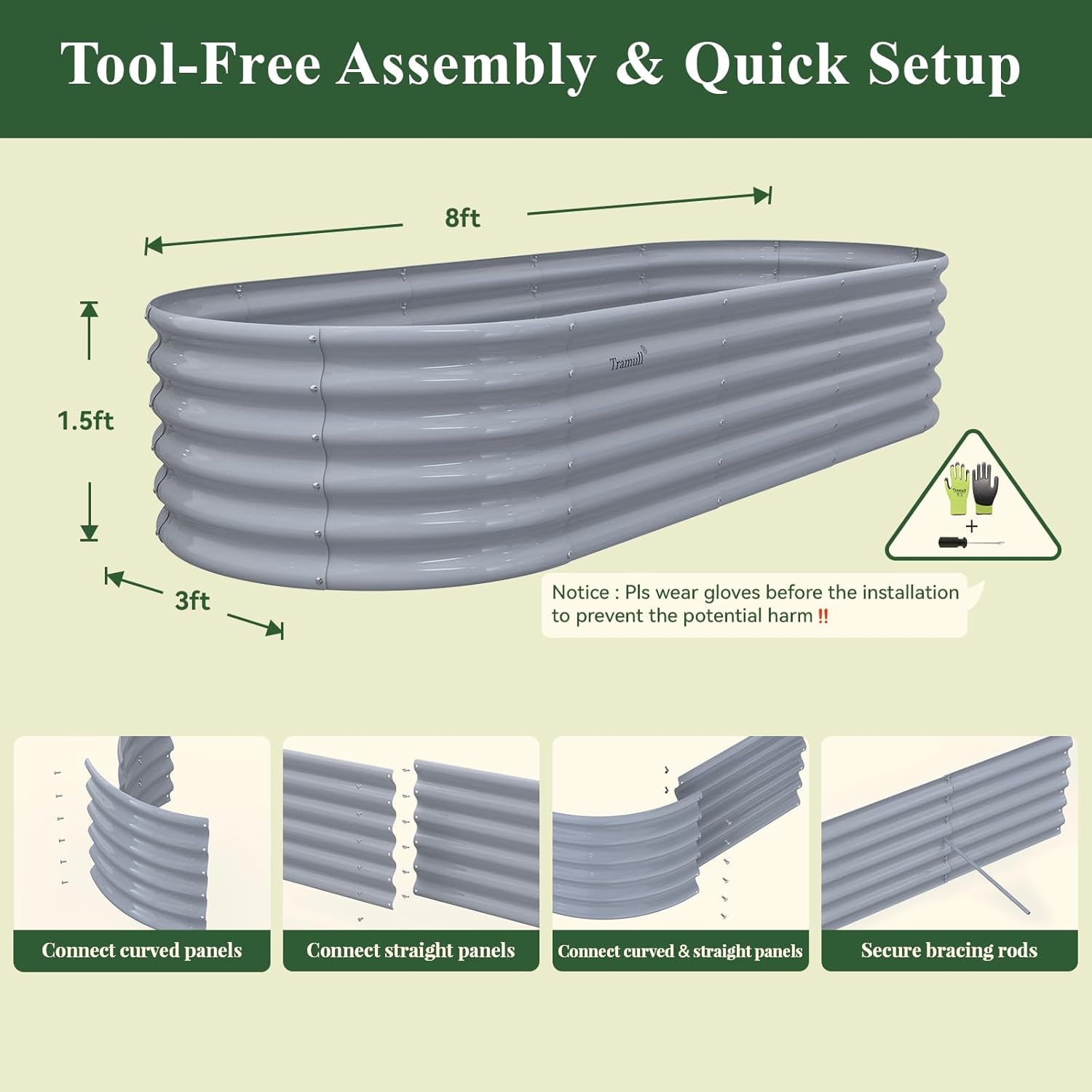 2-Pack 8x3x1.5ft Galvanized Raised Garden Bed - Oval Rot-Resistant Metal Planter Box with Easy Tool-Free Assembly, 18" Deep Ergonomic Large Outdoor Gardening Bed for Vegetables, Flowers