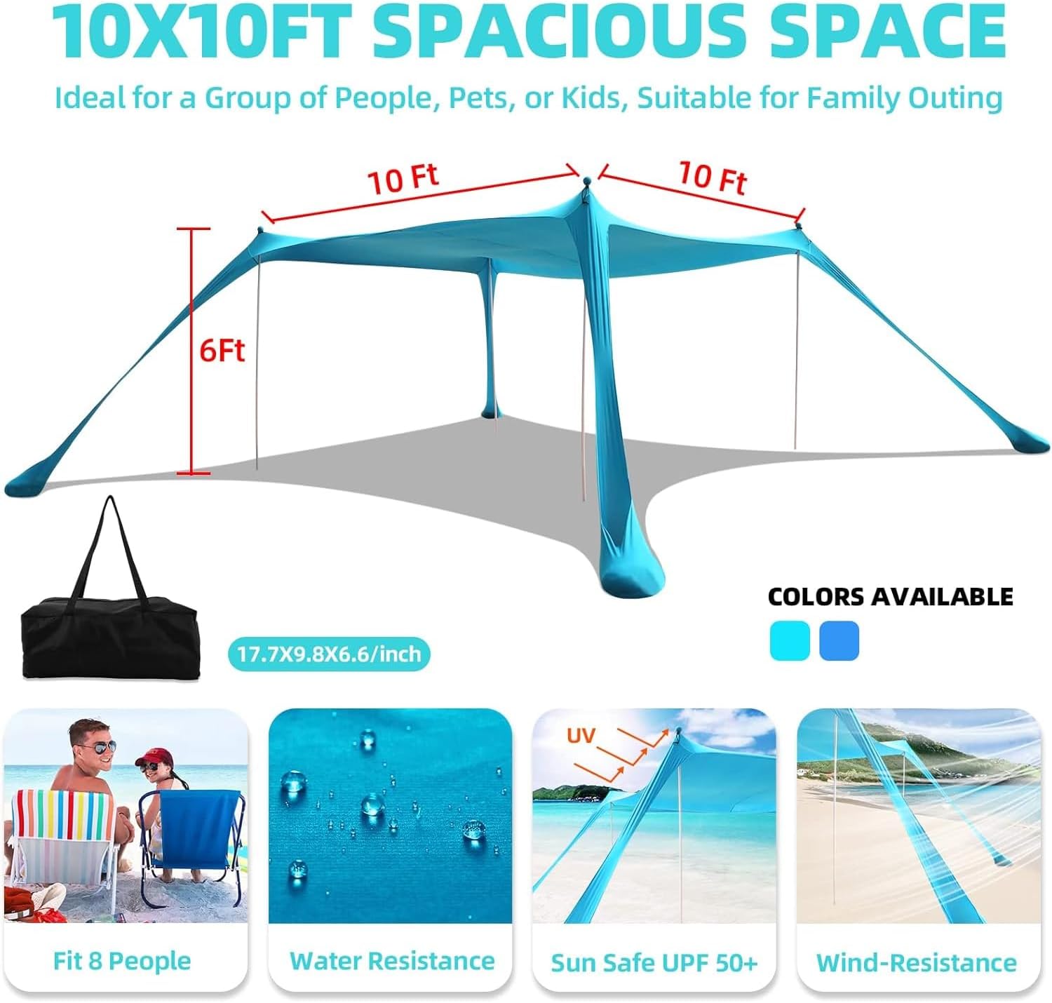 Beach Tent Sun Shelter UPF50+, 10x10 FT Family Pop Up Sun Shade with 4 Aluminum Poles, Carrying Bag, Floor Mat, Sunglasses, Sand Shovel, Outdoor Shade Canopy for Beach Camping