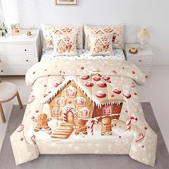 Snowy Christmas 7 Piece Comforter Set Queen Size Gingerbread House All Season Reversible Bed in a Bag Christmas