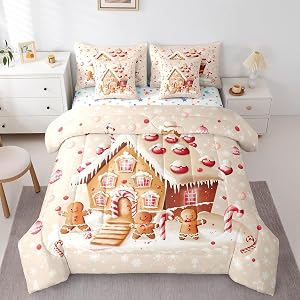 Snowy Christmas 7 Piece Comforter Set Queen Size Gingerbread House All Season Reversible Bed in a Bag Christmas