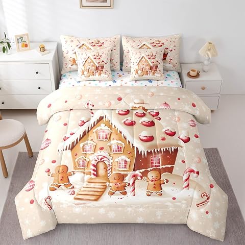 Snowy Christmas 7 Piece Comforter Set Queen Size Gingerbread House All Season Reversible Bed in a Bag Christmas