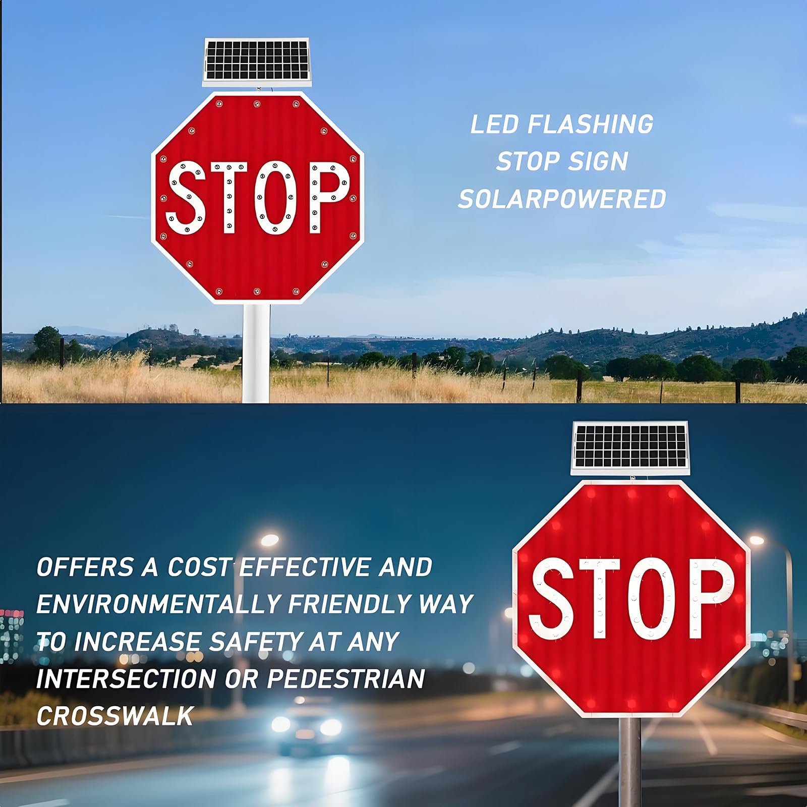 Señal De Alto Solar, Señales De Tráfico De Aluminio, Señales De Advertencia LED Intermitentes Para Calle, Película Reflectante De Grado Industrial (60Cm/80Cm), Señales De Alto Intermitentes 80cm(32in)
