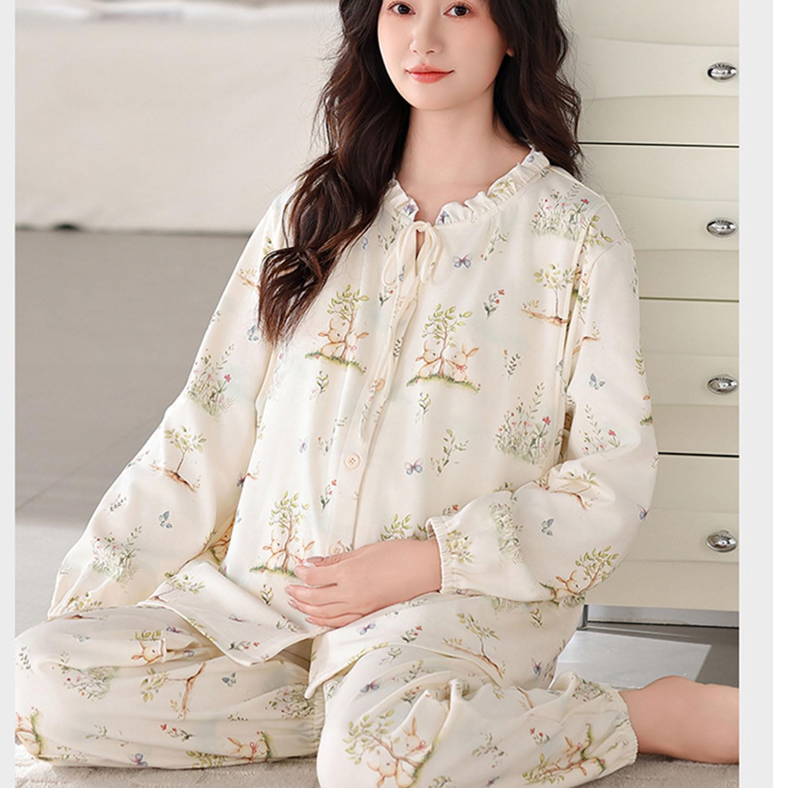 Pigiama premaman premaman in cotone regolabile Set traspirante Homewear elastico caviglia per la gravidanza Rilassarsi Autunno Inverno Confortevole Indumenti da notte