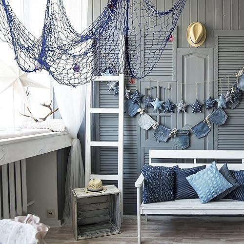 Miniatura 7 de Decoración de pared de red de peces naturales con conchas, decoración de pared con temática oceánica, red de pesca, decoración de fiesta para fiesta