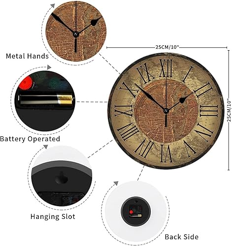 Miniatura 2 de Reloj de pared de madera, estilo vintage, mapa del mundo antiguo, movimiento de barrido preciso, reloj de pared redondo, estilo rural, reloj de