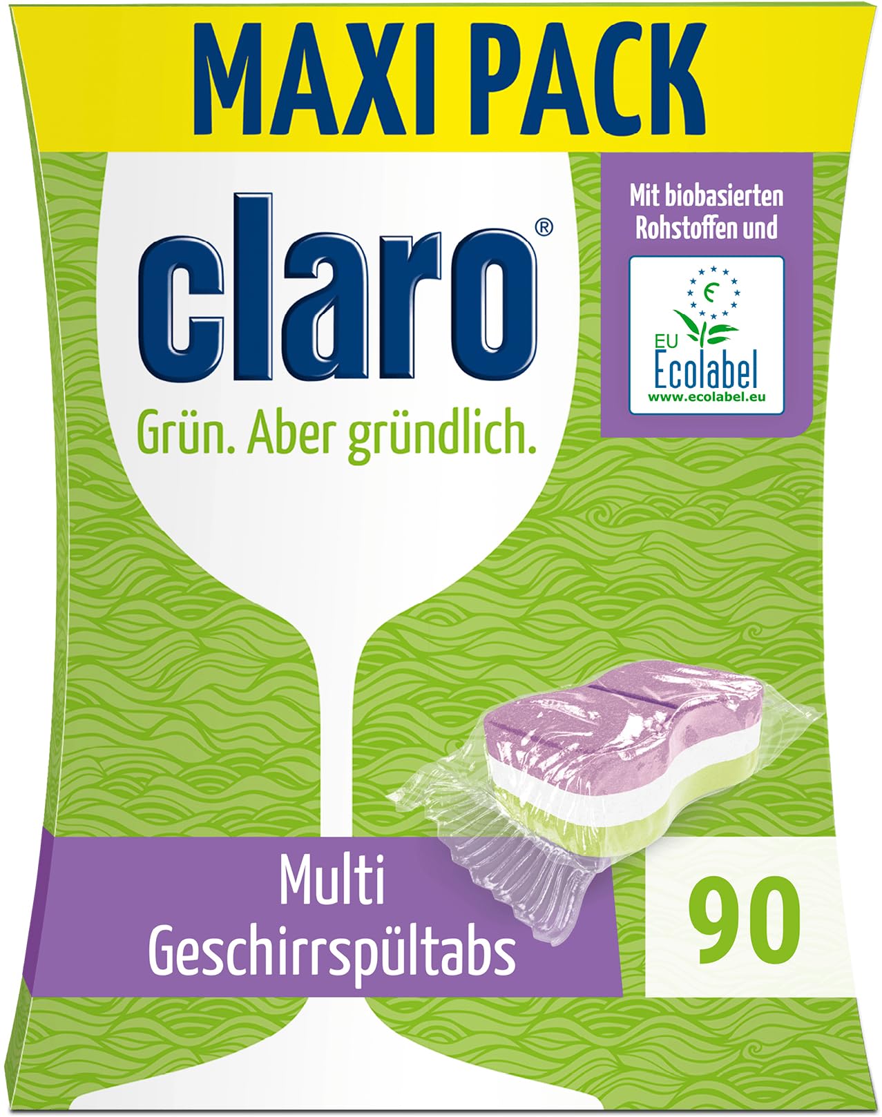 claro Pastillas lavavajillas Todo en 1, 90 unidades, sin fosfatos | Veganas, con función sal y abrillantador, protección del cristal, film hidrosoluble y acción contra grasa, café y té.