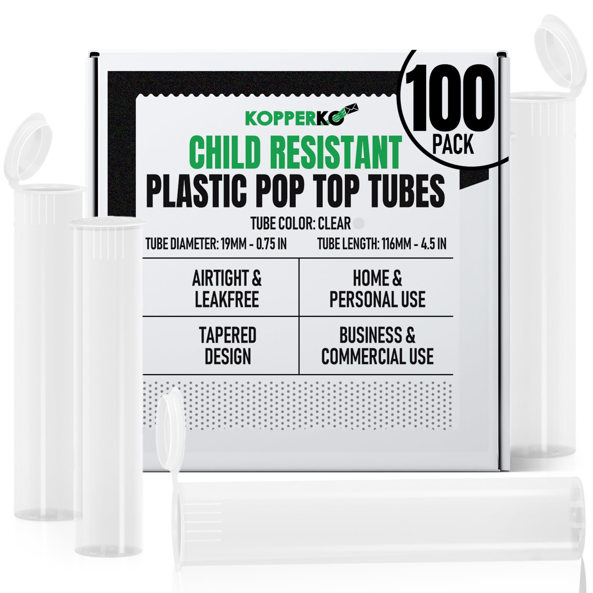 Kopperko Travel Medicine Container (116mm, 4.6 Inch 100-Pack) | Child Resistant Plastic Storage Tube | Mini Storage Tube for Spices | Airtight, UV