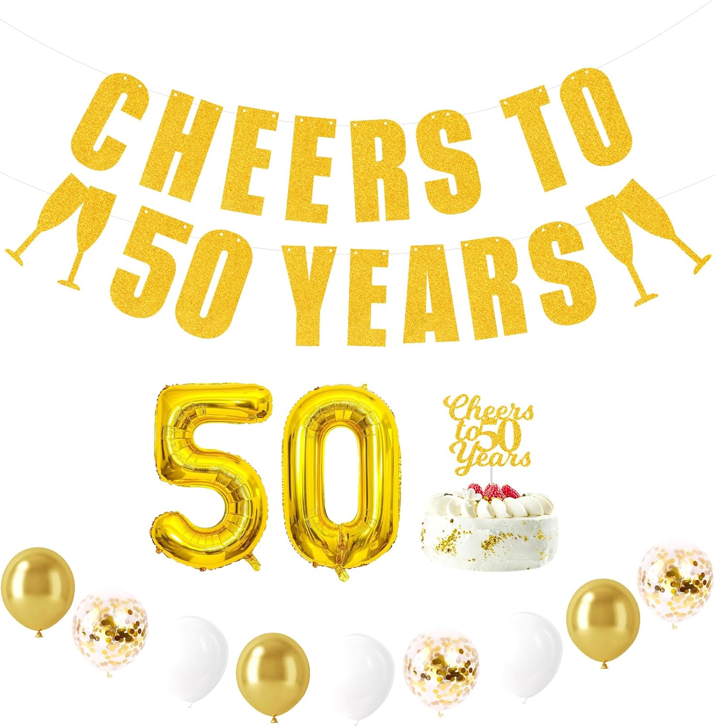 50th Anniversary Decorations Include Cheers to 50 Years Gold Glitter Banner,Cake Topper,Large 32" Foil Number Balloons,Latex Balloons,50th Birthday Party Decorations
