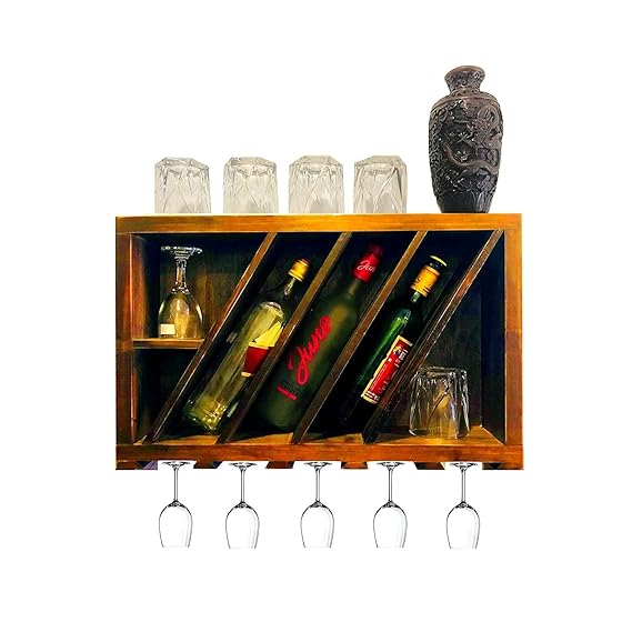 METRENO Antique Style Handcrafted Pine Wooden Wall Mounted Wine Rack-Hanging Mini Bar Cabinets for Home & Kitchen/Bar/Restaurant(Antique Wood Golden Brown)