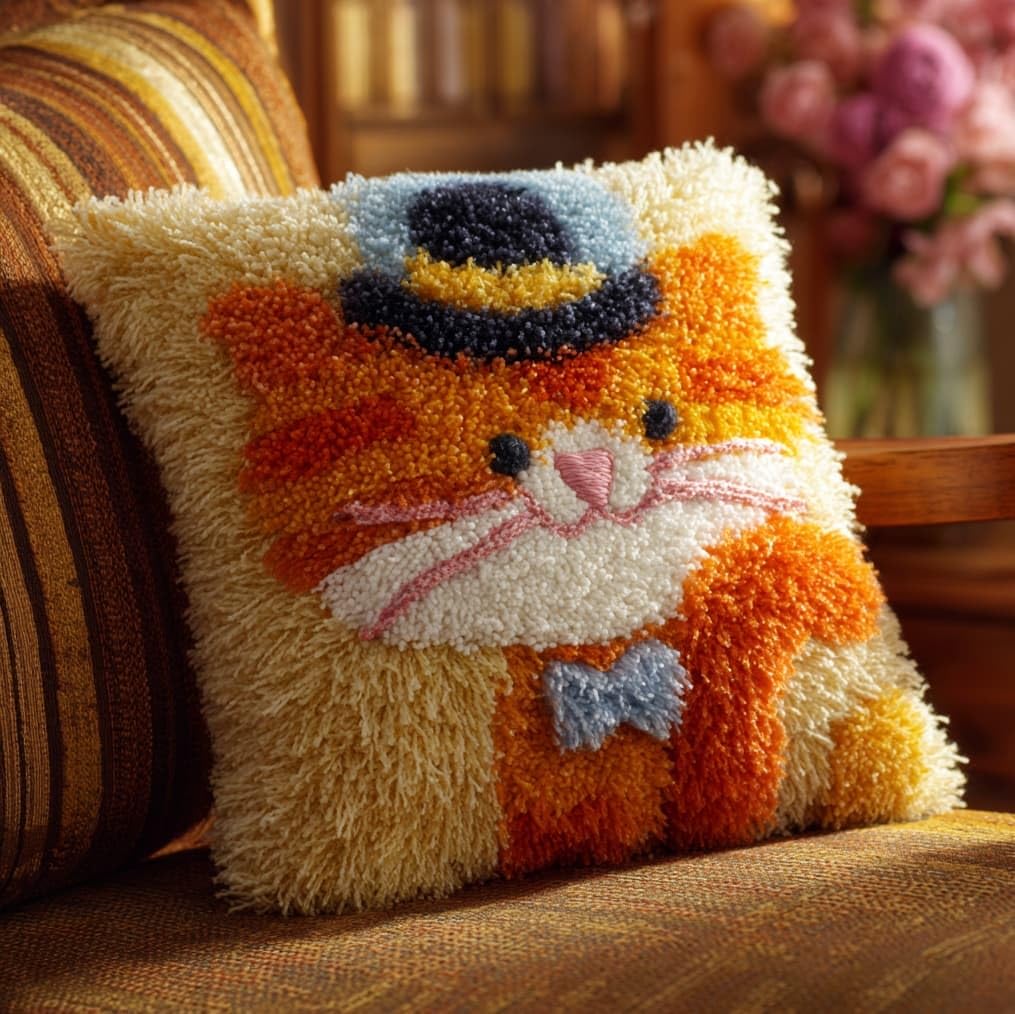 AxiangziK Latch Hook Pillow Kit for Beginners,Cat Wearing a hat