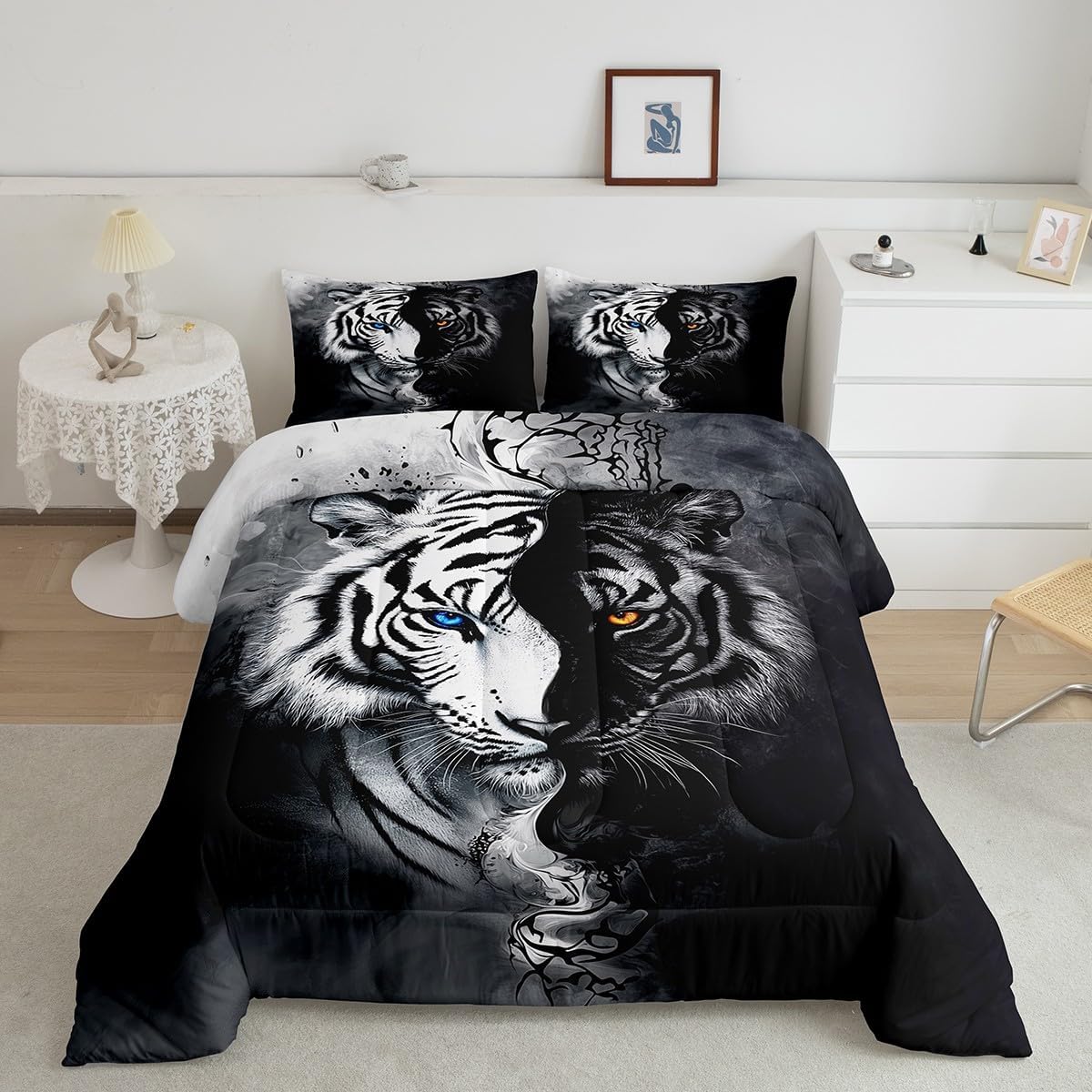 Erosebridal Tiger Comforter Set Queen African Safari Animal Bedding Set Black and White Stripes Down Comforter 3D Wildlife Quilt for Boys Teens Adult Men Women Bedroom Decor with 2 Pillow Cases