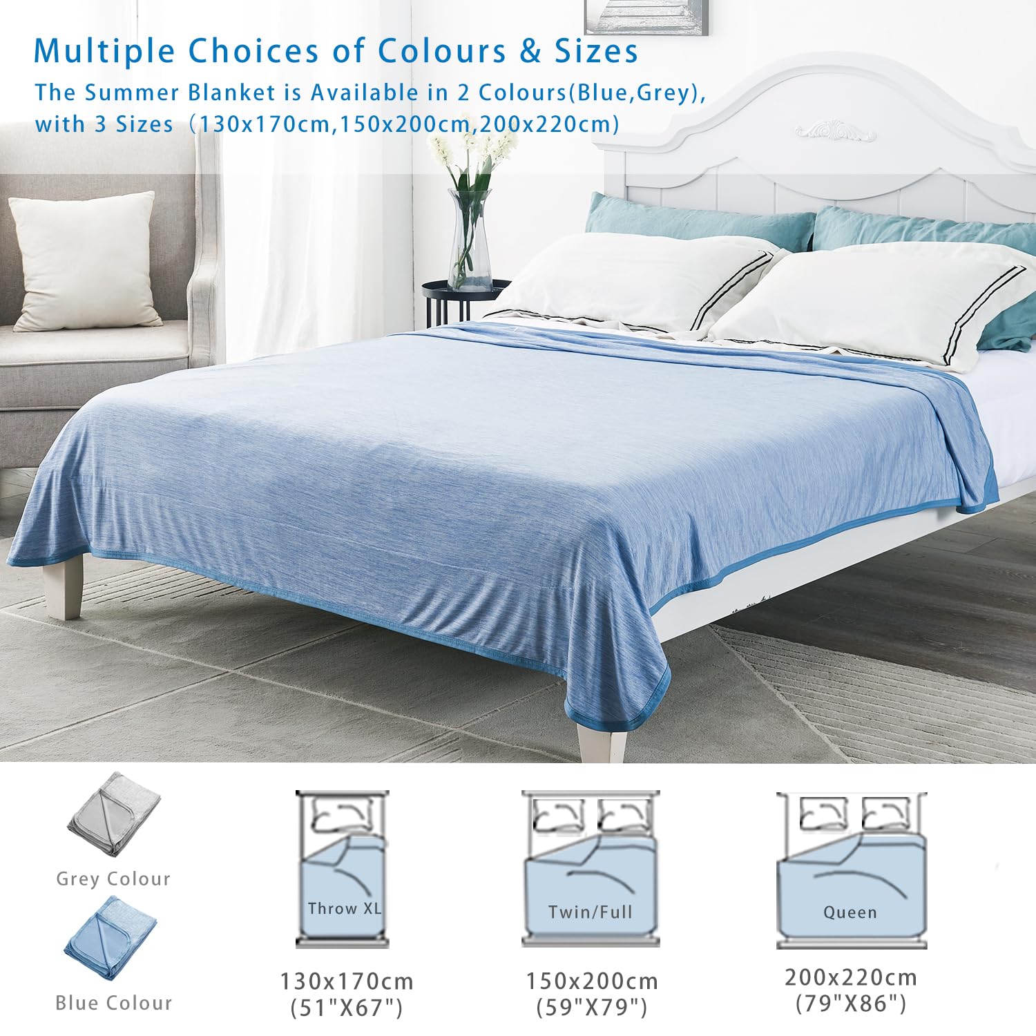 MH MYLUNE HOME Kühldecke Ultra Leichte Sommerdecke, Arc-Chill Q-Max>0.458, 2in1 Kühlende Bettdecke 130x170 Sommerbettdecke Kuscheldecke Wohndecke Sofadecke Cooling Blanket (blau, 130 x 170 cm)