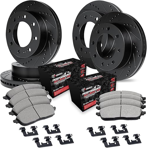 R1 Concepts Kit de freno delantero y trasero para Chevrolet Silverado 2011-2019, GMC Sierra, rotores de freno ranurados perforados, kit de pastillas