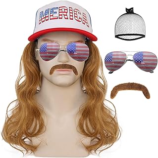4 Pcs Brown USA Mullet Hat Wig【+1 Hair Cap +1 Glasses +1 Mustache】 Merica Redneck 4th of July American Costume Brown Hair Wigs for All American Billy Bob Costume Halloween Party