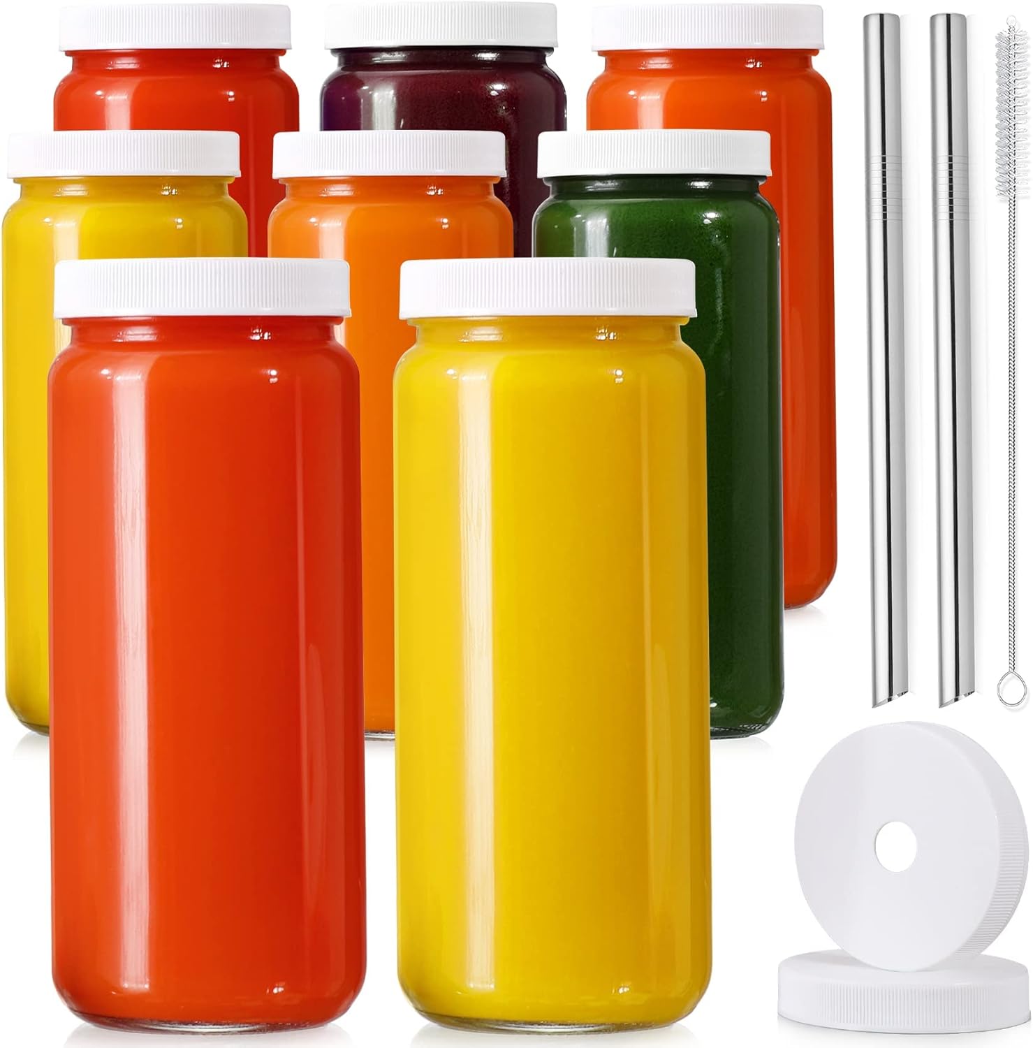 8 Pack Glass Juicing Bottle Drinking Jars with 2 Straws & 2 Lids w Hole