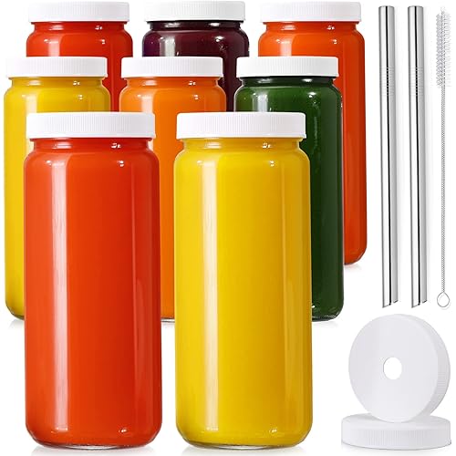 [ 8 Pack ] Glass Juicing Bottles with 2 Straws & 2 Lids w Hole- 16 OZ Travel Drinking Jars, Water Cups with White Airtight Lids, Reusable Tall Mason Jar for Juice, Bubble Tea, Smoothie, Tea, Kombucha