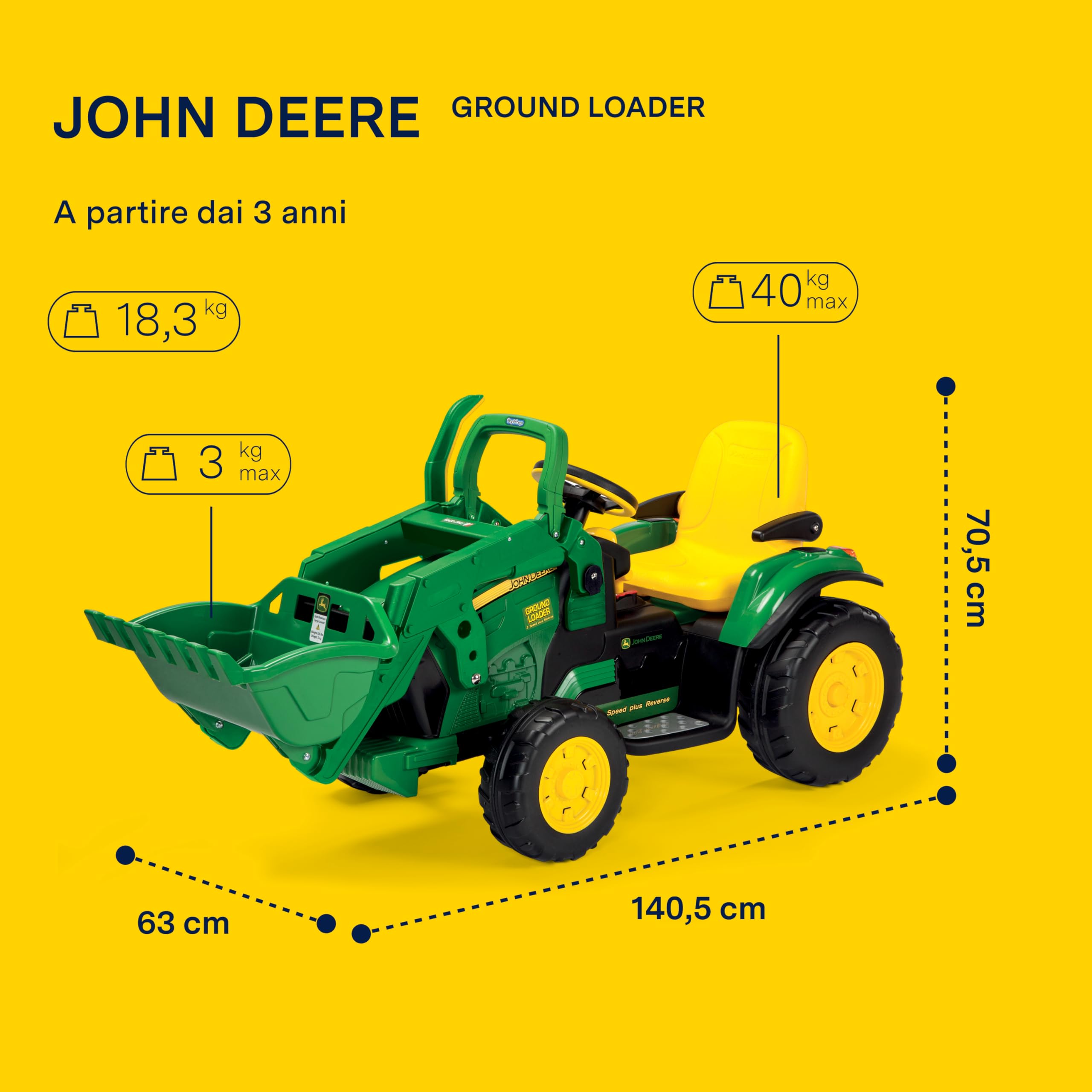 PEG John Deere Ground Loader - Trattore Elettrico Cavalcabile per Bambini 3+ Anni con Batteria Ricaricabile 12V, Radio FM e Benna Funzionante