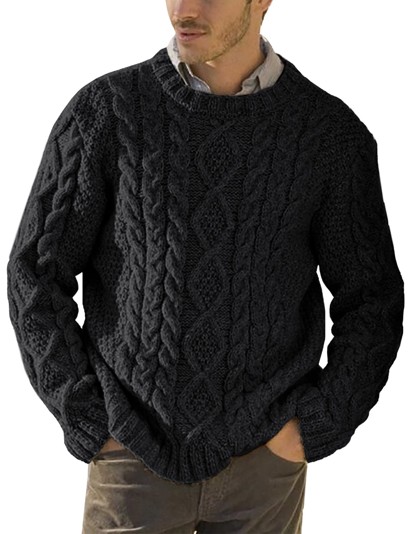 Runcati Strickpullover Herren Grobstrick Zopfmuster Pullover Herbst Winter Rundhals Pulli Sweater